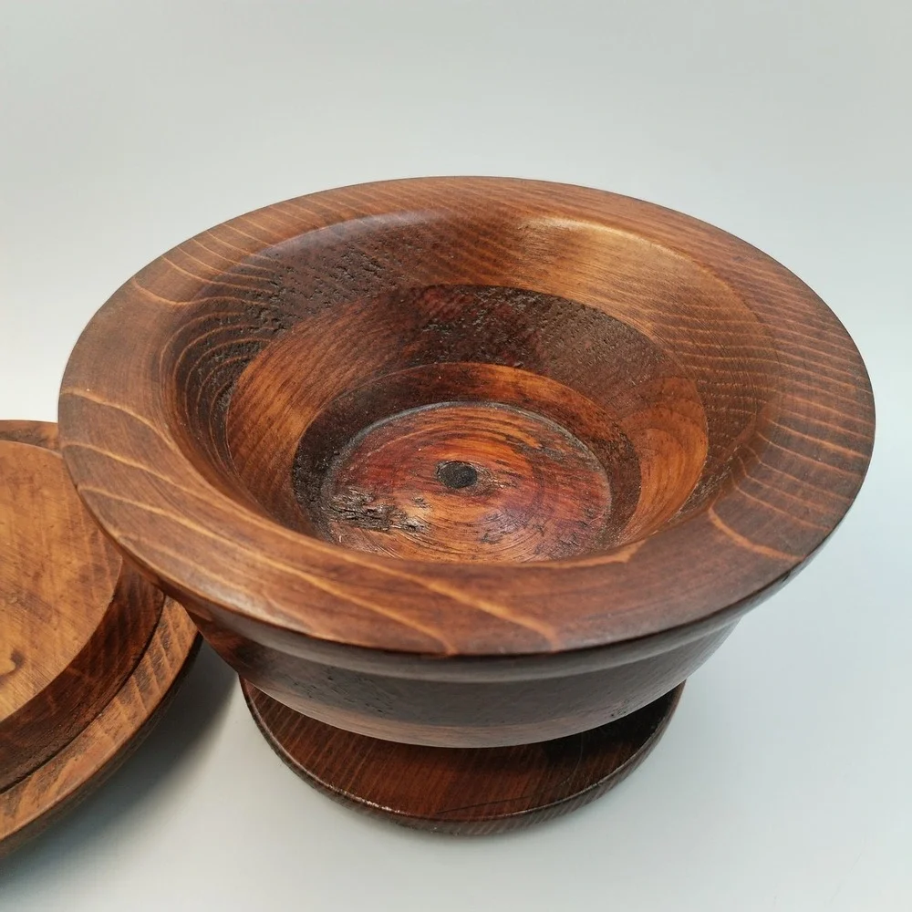 Vintage Hand Turned Wood Lidded Pedestal Bowl Artisan Signed 